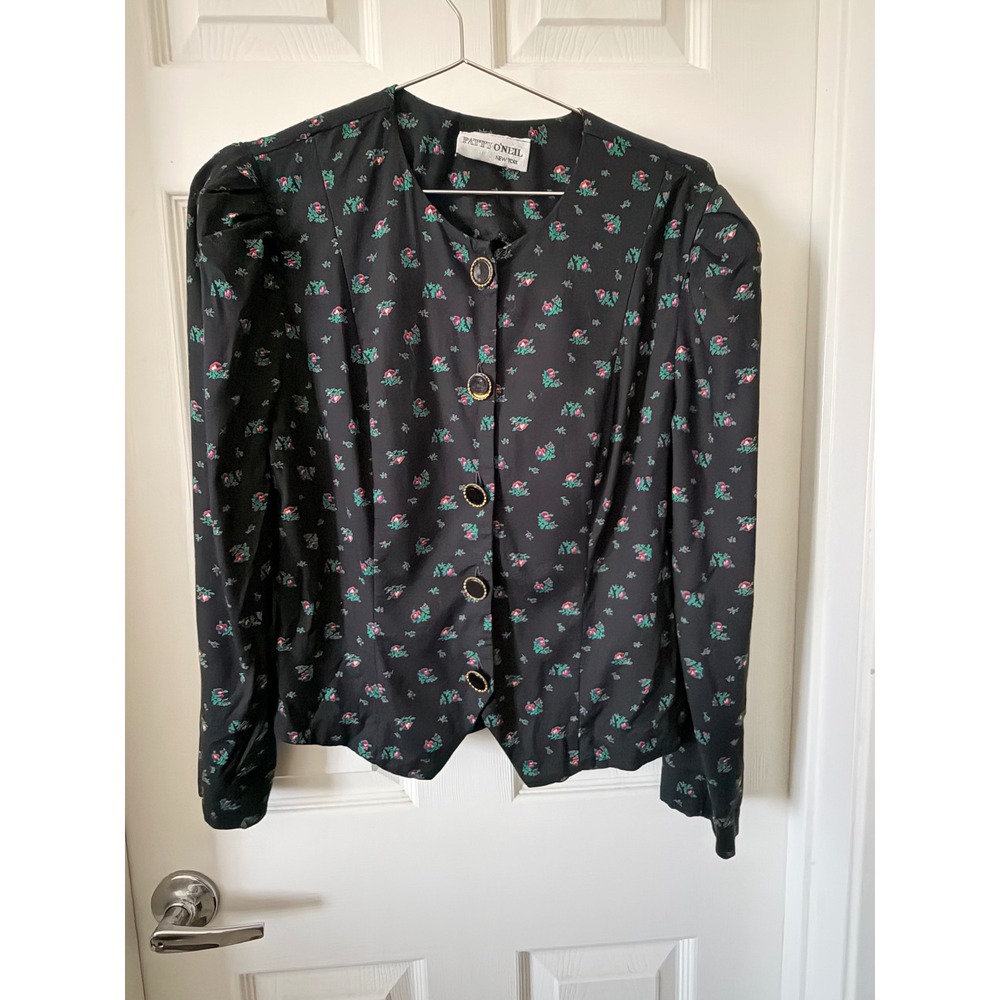 Patty O'Neil New York Vintage Black Floral Puff Shoulder Button Front Blouse 12